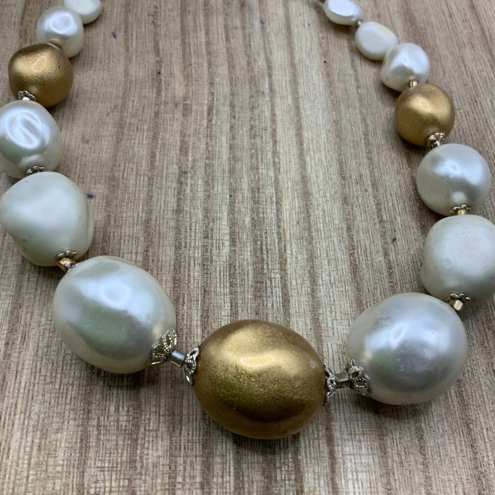 Japan Vintage Beaded Faux Pearls Satin Gold Tone Choker Necklace